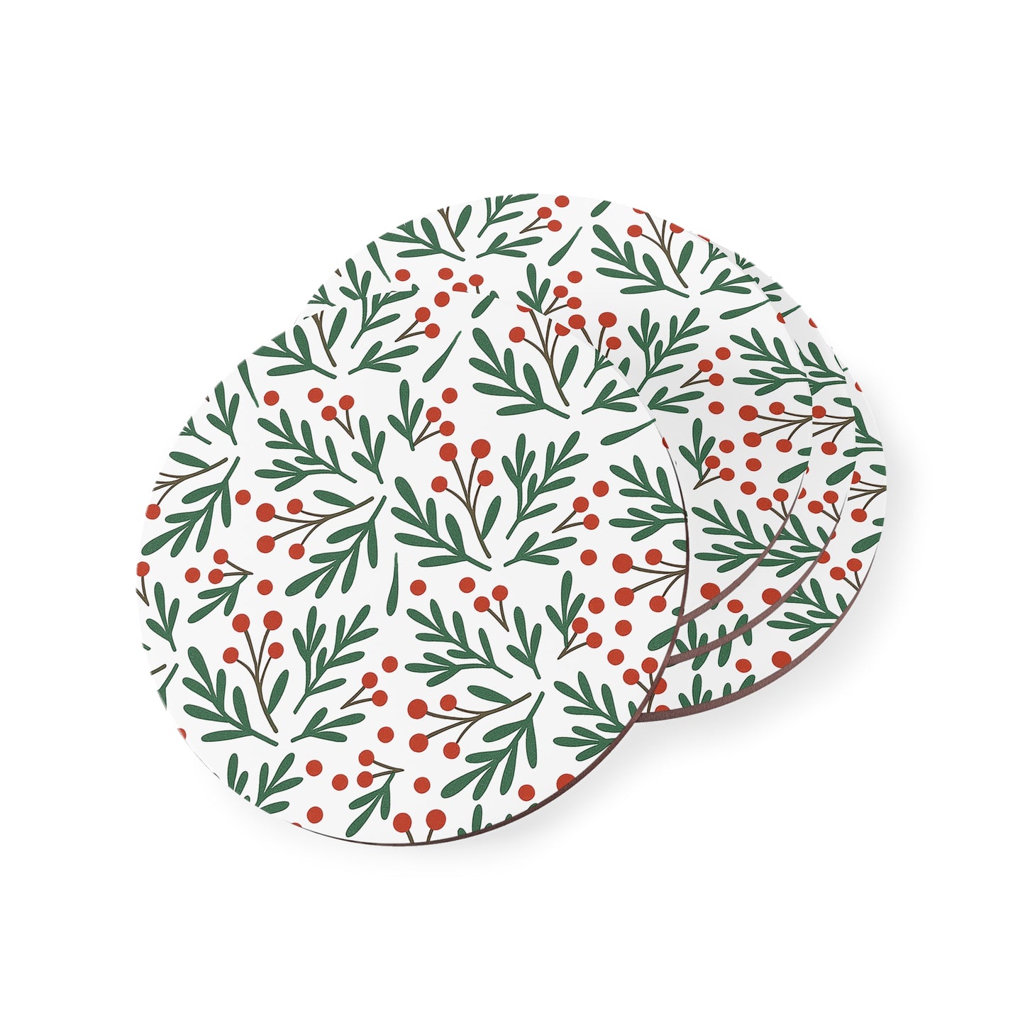 Holiday Berry Floral Coasters — Round Cork Drink Coasters (Set)