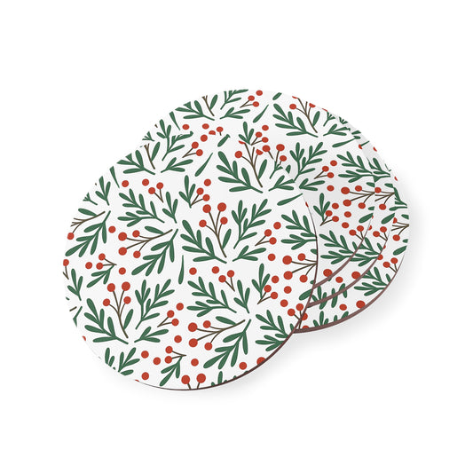 Holiday Berry Floral Coasters — Round Cork Drink Coasters (Set)