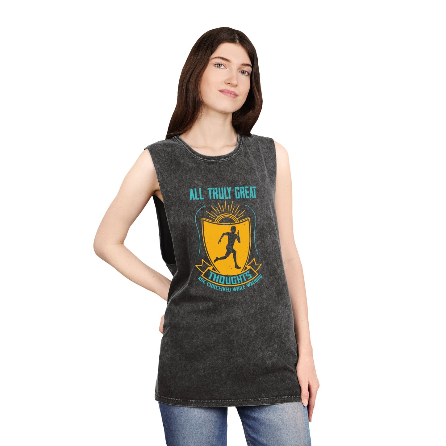 Gym Tank Top — “Heavy Weights and Protein Shakes” Stonewash Sleeveless Top