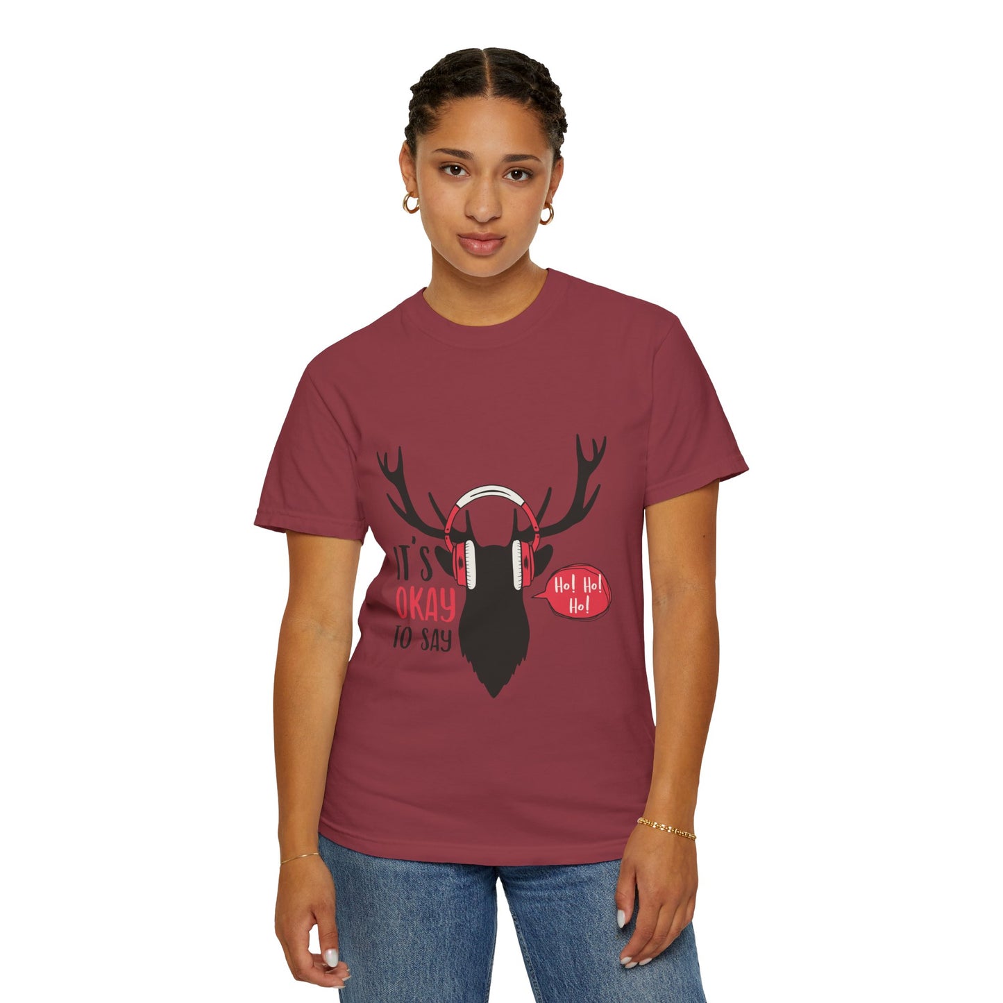 Reindeer Headphones Christmas T-Shirt – "It’s Okay to Say Ho! Ho! Ho!" Holiday Tee