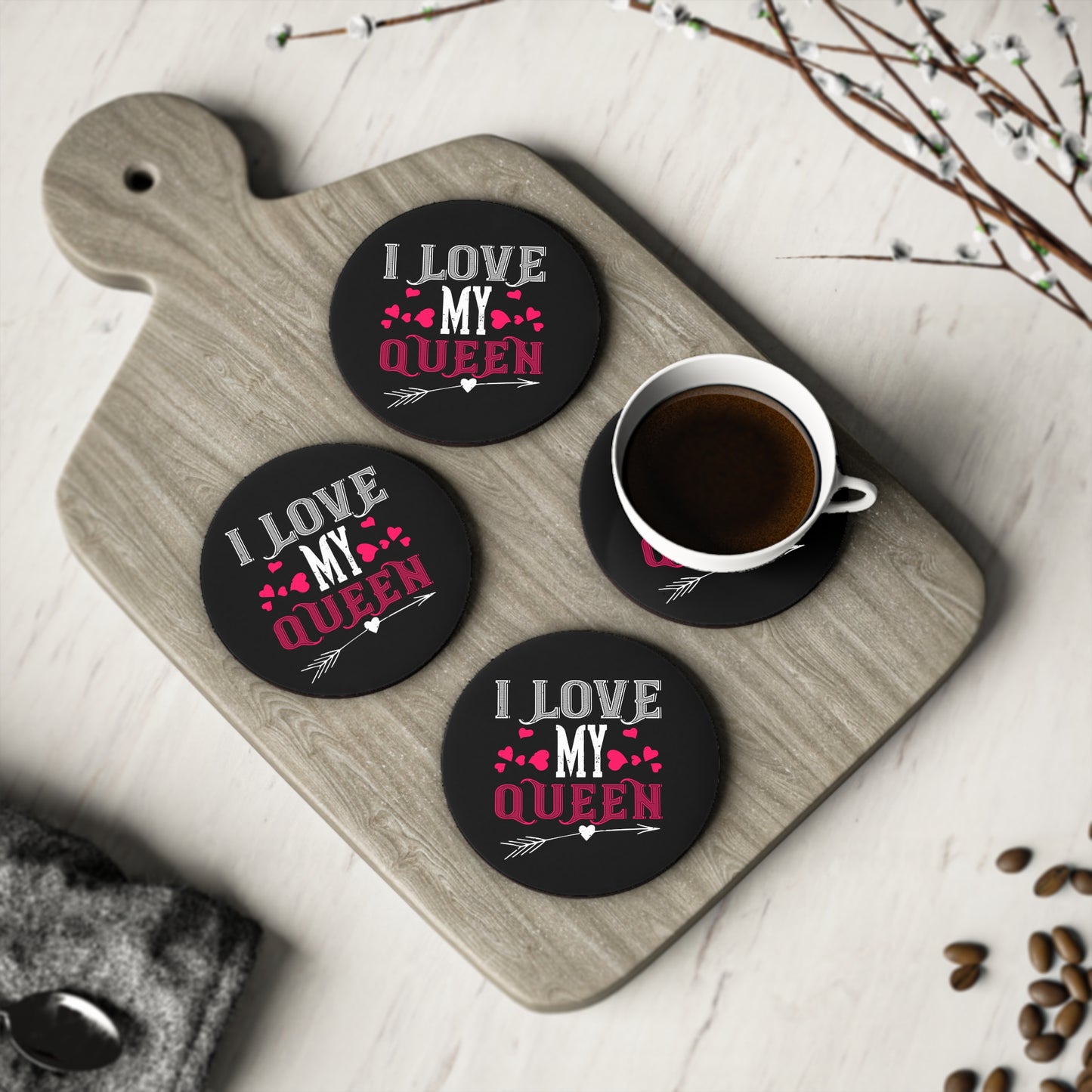 I Love My Queen Round Cork Coaster — Romantic Valentine’s Day Drink Coaster