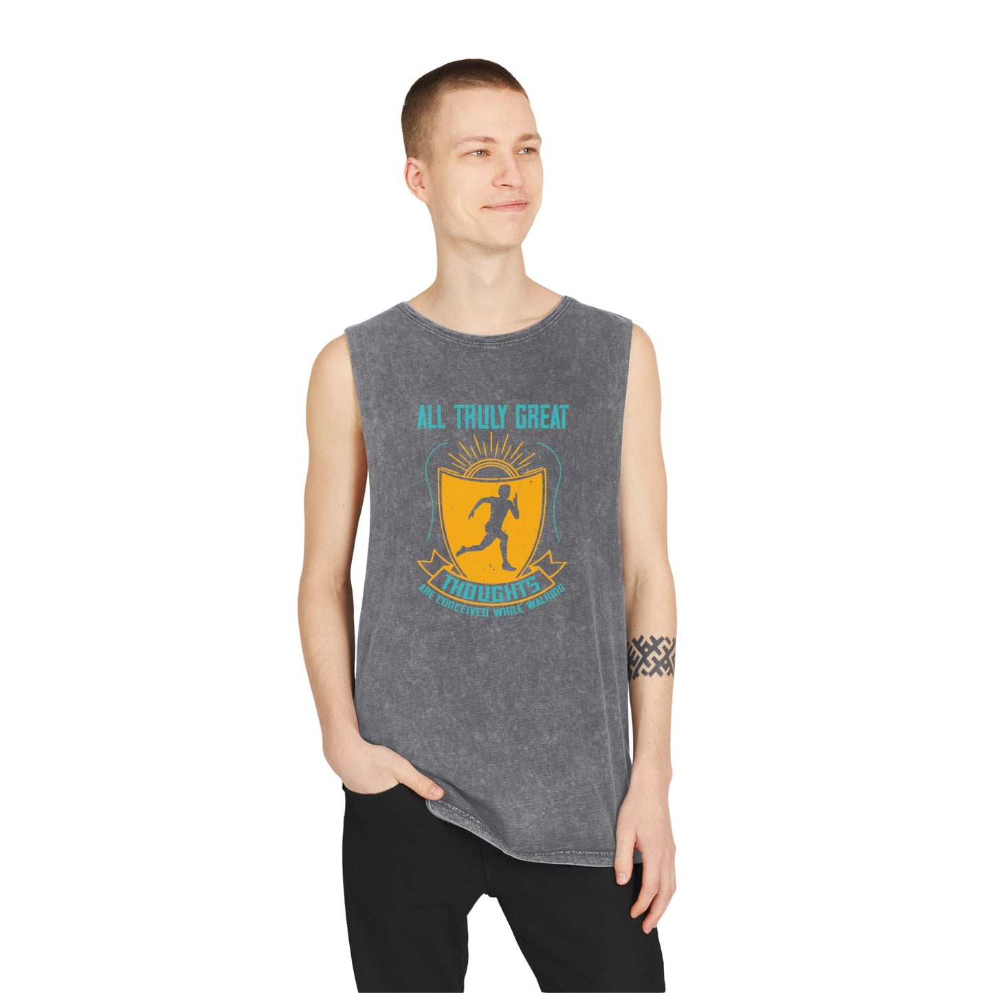 Gym Tank Top — “Heavy Weights and Protein Shakes” Stonewash Sleeveless Top